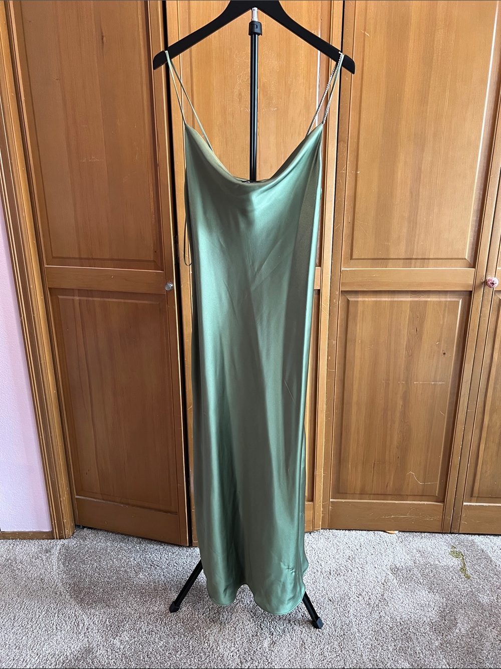Zara Olive Green Satin Maxi Slip Dress